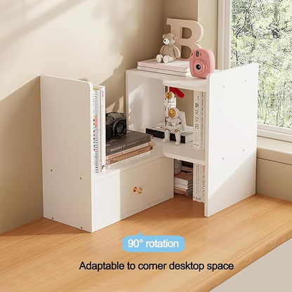 Expandable Wood Desktop Bookshelf, Freestyle Adjustable Wood Display Desk Shelf Counter Storage Rack Top Bookcase for Office & Home (White)