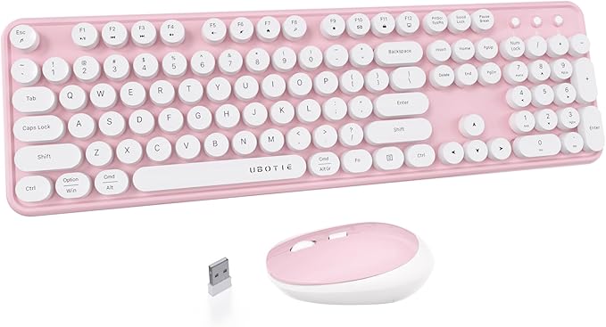 UBOTIE Colorful Wireless Keyboard and Mouse Combos, Retro Typewriter Floating Flexible Full-Sized Keys Computer Keyboard with Optical Mouse, 2.4GHz USB-A Connection for Windows Mac (Pink-White)
