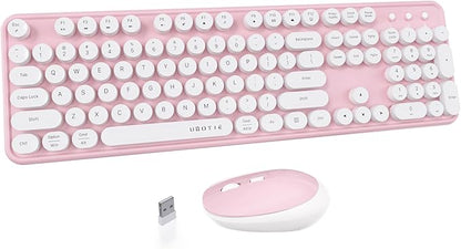 UBOTIE Colorful Wireless Keyboard and Mouse Combos, Retro Typewriter Floating Flexible Full-Sized Keys Computer Keyboard with Optical Mouse, 2.4GHz USB-A Connection for Windows Mac (Pink-White)