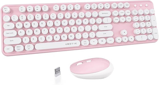 UBOTIE Colorful Wireless Keyboard and Mouse Combos, Retro Typewriter Floating Flexible Full-Sized Keys Computer Keyboard with Optical Mouse, 2.4GHz USB-A Connection for Windows Mac (Pink-White)
