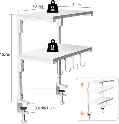 2-Tier Clamp On Desk Shelf, Clamp on Desk Shelf, 13 inch Adjustable Above or Under Wood Desk Storage Shelves, Heavy Duty Desktop Organizer for Working and Gaming Accessories, White