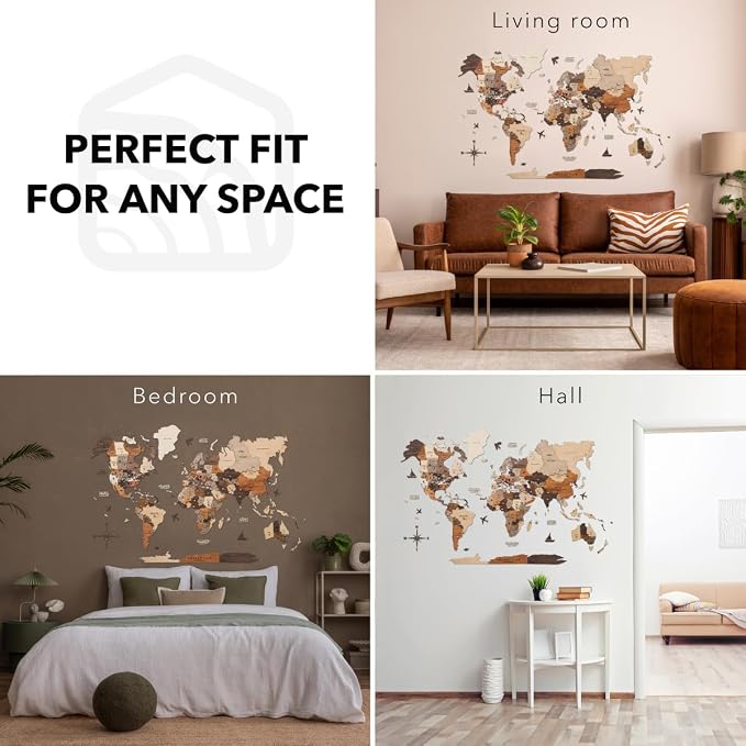 Enjoy The Wood 3D Wooden World Map Wall Art - Large Travel Map with Pins for Art Decor - Decorative Map of the World for Home, Office - Travel Wall Art Housewarming Gift Idea (Multicolor, 3XL, Unframed)