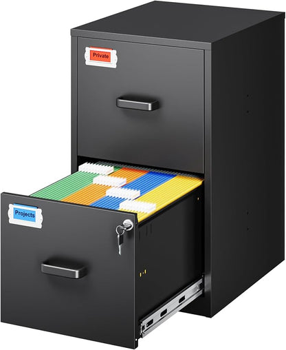PEUKC 2 Drawer File Cabinet with Lock, 25.4" High Vertical Filing Cabinet, 17.7" Deep Metal Storage Cabinets for Home Office, Letter/Legal/A4/F4 Size, Black(Assemble Required)