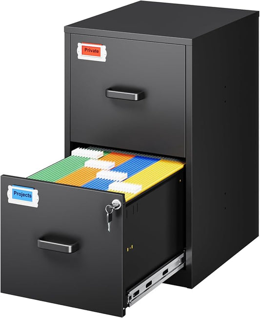 PEUKC 2 Drawer File Cabinet with Lock, 25.4" High Vertical Filing Cabinet, 17.7" Deep Metal Storage Cabinets for Home Office, Letter/Legal/A4/F4 Size, Black(Assemble Required)