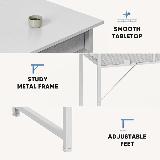 32" Small Gaming Desk with Drawers, Home Office Computer Writing Study Table with Storage Side Bag, Headphone Hook, and Adjustable Feet for Bedroom, White