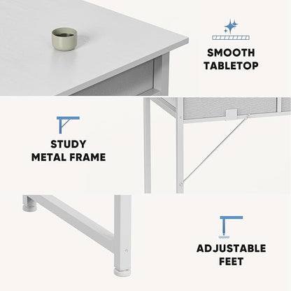 32" Small Gaming Desk with Drawers, Home Office Computer Writing Study Table with Storage Side Bag, Headphone Hook, and Adjustable Feet for Bedroom, White