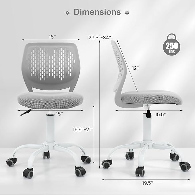 Giantex Kids Desk Chair, Adjustable Children Study Chair, Swivel Armless Mesh Task Office Chair, Computer Desk Chair with Adjustable Height & Lumbar Support (Grey)
