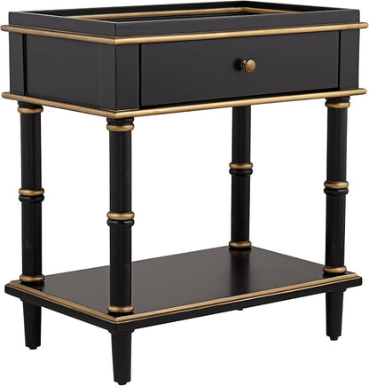 Cason Modern Glam Luxe Wood Rectangular Accent Side End Table 15" x 24" with Drawer and Shelf Black Gold Trim Handle for Living Room Bedroom Bedside Entryway Home House Office