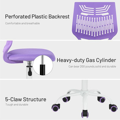 FurnitureR Desk Chair, Armless Home Office Task Chair with Mesh Padded Cushion, Swivel Study Computer Chair with Rolling Wheels for Children Kids Teens Students, Purple