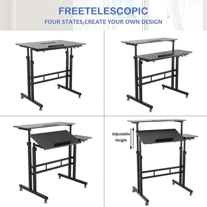 Soges Mobile Height Adjustable, Tiltable Top Desk - 31.5" Stand Up Computer Desk for Home Office, Black ZS-101-2BK