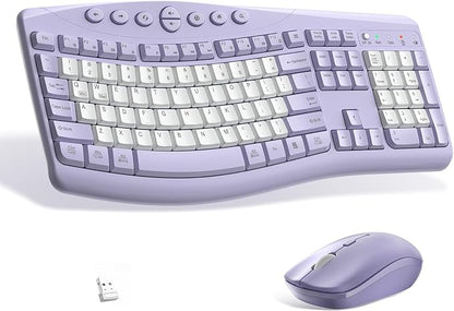 Wireless Keyboard and Mouse Combo,2.4G Full Size Ergonomic Curved Silent Keyboard with Fn Multimedia Keys for Office and Home, 3-DPI Quiet Mouse for Windows,Mac OS Desktop/Laptop/PC (Purple-B)