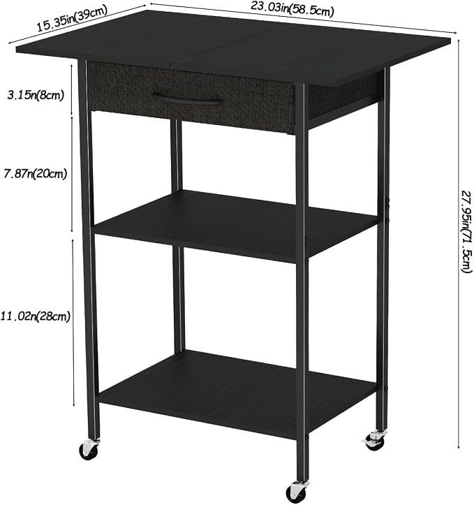 Arbuxzuy 3-Tier Printer Stand, Printer Table with Fabric Drawer, Industrial Printer Storage Cart with Wheels, Rolling Printer Stand for Heat Press Scanner Fax, Black