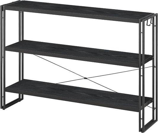 HCHQHS Bookshelf, 3-Tier Industrial Bookcase, Black Open Book Shelf, Freestanding Horizontal Bookshelves with Metal Frame