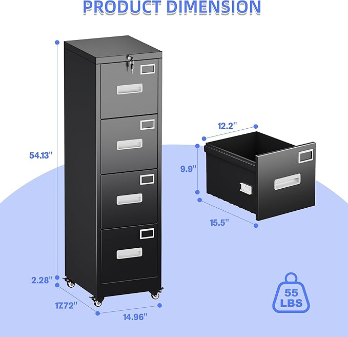Aobabo 4 Drawer Metal File Cabinet with Lock and Wheels,Black | 15.7"D x 17.7"W x 53.2"H metal filing cabinet for letter/legal files and small office storage.