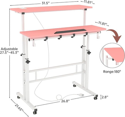 SIDUCAL Mobile Stand Up Desk with USB Ports and Outlets, Adjustable Laptop Desk on Wheels, Home Office Workstation, Rolling Laptop Cart for Standing or Sitting, 31.5" x 23.6"Pink