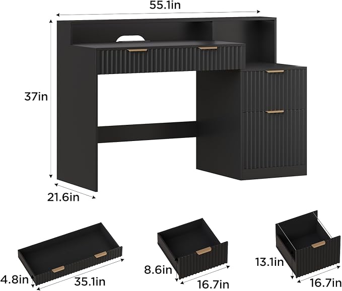 Vabches Fluted Computer Desk with Power Outlets, Home Office Desk with Drawers, Printer Stand, Wood Computer Desk with Long Monitor Stand, Black