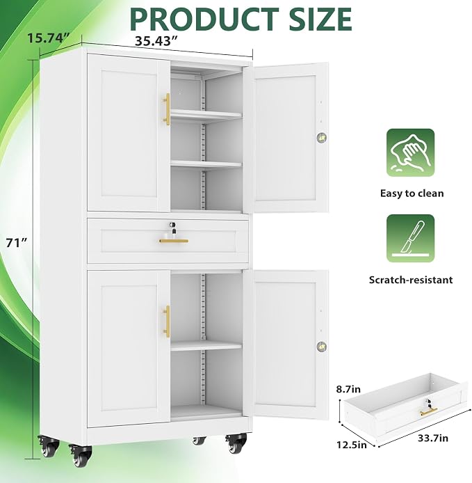 Metal Storage Cabinet with Wheels, 71" Tall Locking Storage Cabinet with 3 Adjustable Shelves, Locking Garage Cabinet, Steel Locker Organizer, for Office, Home, School, White