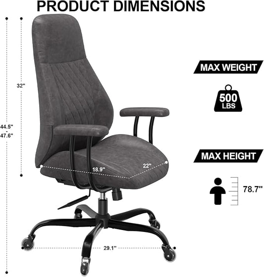 E-Ser Leather Desk Chair, Mid Century Modern Office Chair, Grey | Lumbar Support, Ergonomic, 360° Swivel, Rubber Rolling Wheels, Adjustable Height, for Adults
