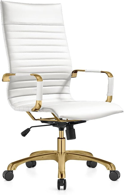 LeisureMod Harris High-Back Task Office Chair - Modern Leather Upholstery with Gold Frame, Ribbed Design 360 Degree Adjustable Swivel for Home, Office, and Study Room