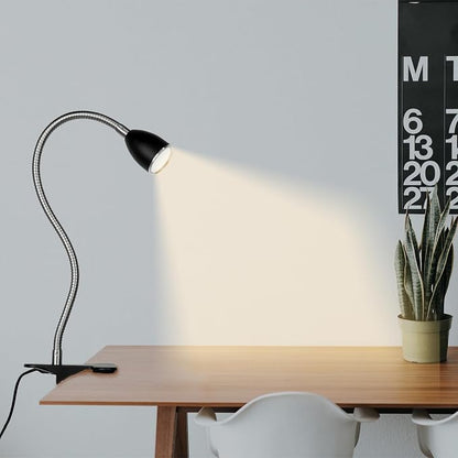 Desk lamp Eye-Caring Table Lamps, 360°Rotation Gooseneck Clip on Lamp Reading Light, Portable Reading Book Light, Clamp Light, Study Desk Lamps for Bedroom and Office Home Lighting (Black with Dimmer)