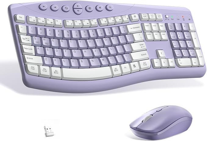 Wireless Keyboard and Mouse Combo,2.4G Full Size Ergonomic Curved Silent Keyboard with Fn Multimedia Keys for Office and Home, 3-DPI Quiet Mouse for Windows,Mac OS Desktop/Laptop/PC (Purple-A)