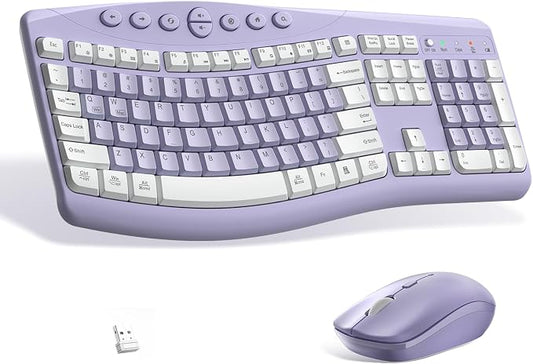 Wireless Keyboard and Mouse Combo,2.4G Full Size Ergonomic Curved Silent Keyboard with Fn Multimedia Keys for Office and Home, 3-DPI Quiet Mouse for Windows,Mac OS Desktop/Laptop/PC (Purple-A)