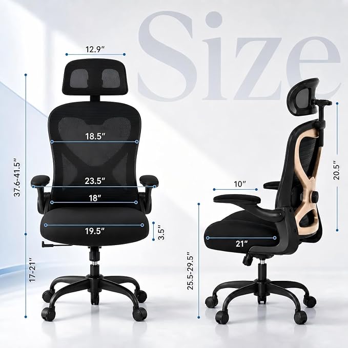 Ergonomic Office Chair, Mesh Desk Chair with Headrest, Lumbar Support, Thick Seat Cushion, Flip-up Arms, High Back Computer Task Chairs for Home Office, Black/Gold