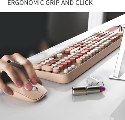 FD Wireless Keyboard and Mouse Combo | Cute Colorful Keyboard and Mouse with 2.4GHz Cordless Retro Typewriter Keyboard | Auto-Sleep | USB Receiver for Windows PC/Laptop - Creamy Colorful