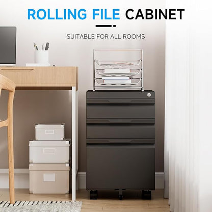 3 Drawer Mobile File Cabinet with Lock, Metal Filing Cabinet, Under Desk Rolling Small Filing Cabinet with Wheels for Home Office Storage, Fits Legal/A4/Letter/Document Size, Required Assembly, Black