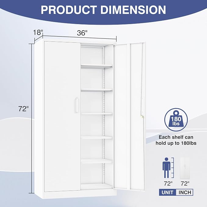 Metal Garage Storage Cabinet, 72" Tall White Tool Cabinet with Lockable Doors and 5 Adjustbale Shelves for Garage,HomeOffice