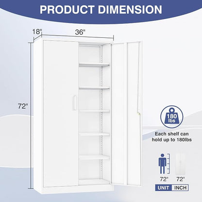 Metal Garage Storage Cabinet, 72" Tall White Tool Cabinet with Lockable Doors and 5 Adjustbale Shelves for Garage,HomeOffice