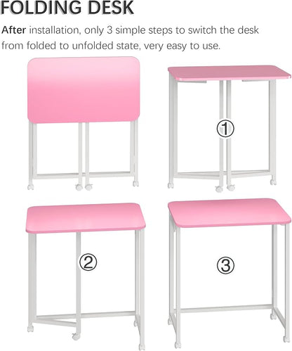 4NM 23.6" Mobile Small Rolling Computer Desk, Folding Laptop Cart Table with Wheels, Portable Office Desk for Small Space Couch Bed - Pink and White