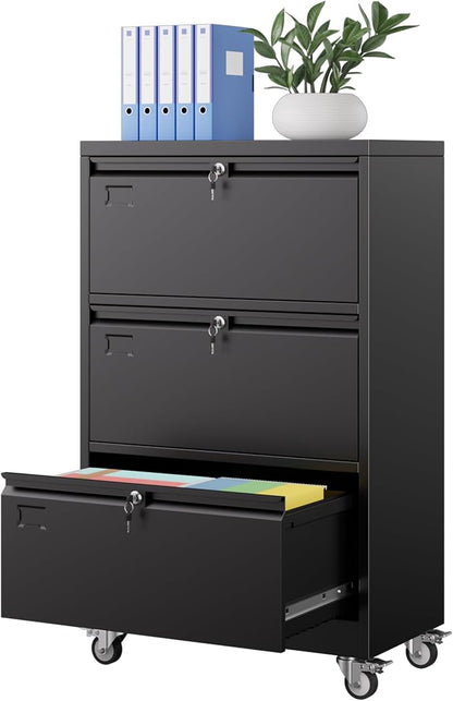 Aobabo 3 Drawer Lateral File Cabinet with Wheels, Lockable Metal Filing Cabinet for Home Office, Legal/Letter Size,Black,Required Assembled