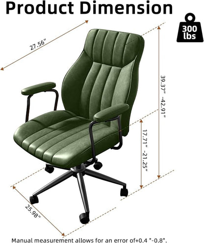 Green Leather Office Chair, Mid Century Home Office Desk Chair | Ergonomic Curve Design, Removable Padded Arms, Height Adjustable Swivel Seat & Smooth Wheels, Vintage Mid-Back Computer Chair