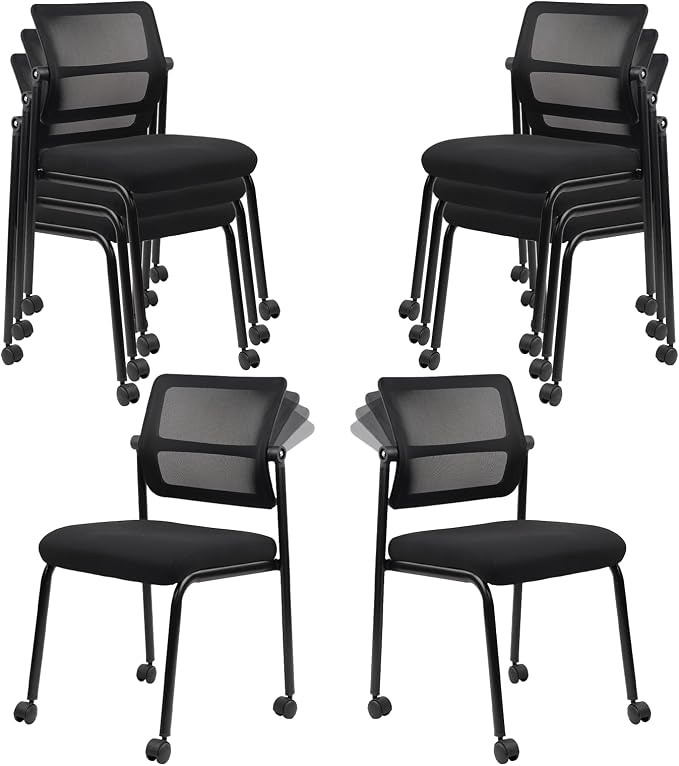 CLATINA 8PK Mesh Stacking Office Desk Chairs with Wheels, Portable Stackable Bulk Waiting Room Armless Chair with Adjustable Back & Fabric Seat for Guest Lobby Side School Church Conference Break