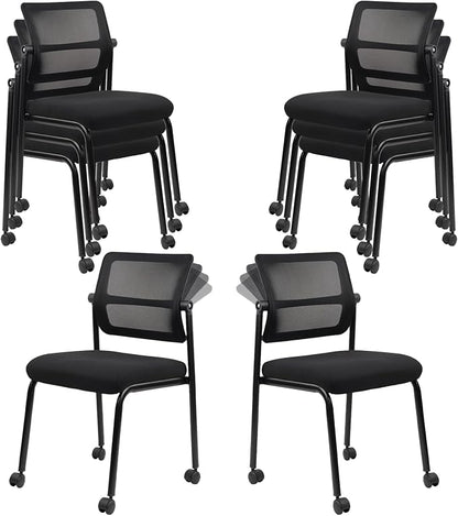 CLATINA 8PK Mesh Stacking Office Desk Chairs with Wheels, Portable Stackable Bulk Waiting Room Armless Chair with Adjustable Back & Fabric Seat for Guest Lobby Side School Church Conference Break