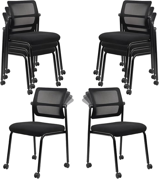 CLATINA 8PK Mesh Stacking Office Desk Chairs with Wheels, Portable Stackable Bulk Waiting Room Armless Chair with Adjustable Back & Fabric Seat for Guest Lobby Side School Church Conference Break