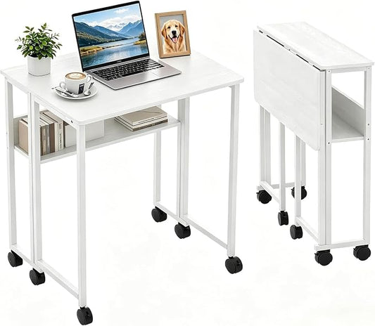 Folding Desk Small Rolling Desk with Storage Shelf,24.8 Inch Foldable Computer Table with Wheels,Portable Office Desk for Small Space Sofa Table,Easy to Fold,Writing Work Office Computer Desk,White