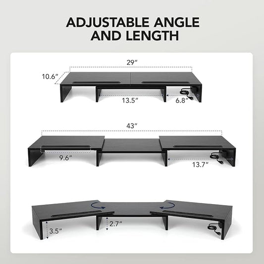 HUANUO Dual Monitor Stand -Monitor Stand with USB ports ,Adjustable Length and Angle, Dual monitor riser w/ Desktop Socket, Monitor Stand Riser for PC, Computer, Laptop (Black)