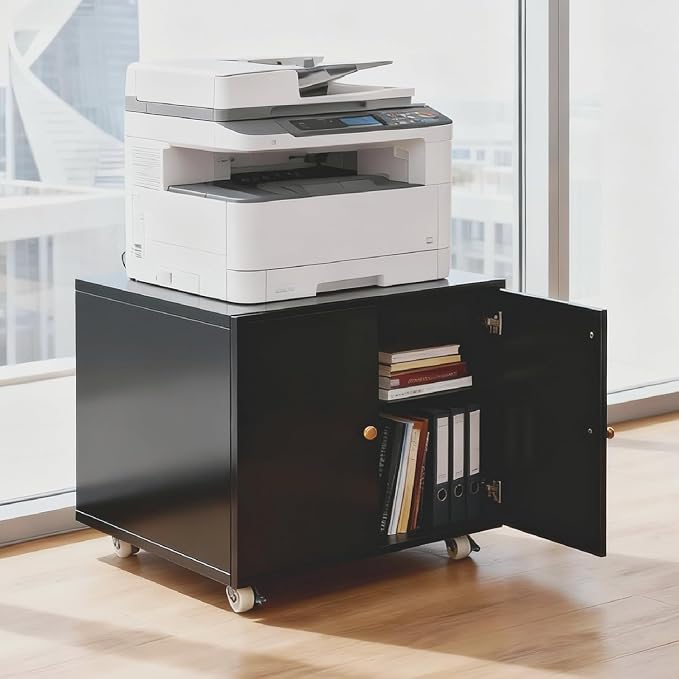 23.62" H Printer Stand with Storage Cabinet,Rolling Printer Cart with Wheels, Mobile Printer Stand, Adjustable Printer Table Organizer for Office and Home, Black