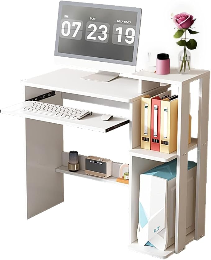 35" Compact Computer Desk with 3-Tier Storage Shelves & Keyboard Tray – Small Study Table for Bedroom or Home Office (White)