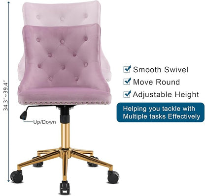VINGLI Mauve Purple Armless Home Office Desk Chair with Gold Base/Wheels, Small Cute Vanity/Makeup Chair with Back for Bedroom, Upholstered Adjustable Rolling Swivel Nail Chair for Women/Girls