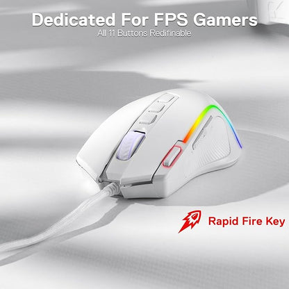 Redragon M612 Predator RGB Gaming Mouse, 8000 DPI Wired Optical Mouse with 11 Programmable Buttons & 5 Backlit Modes, Software Supports DIY Keybinds Rapid Fire Button, White