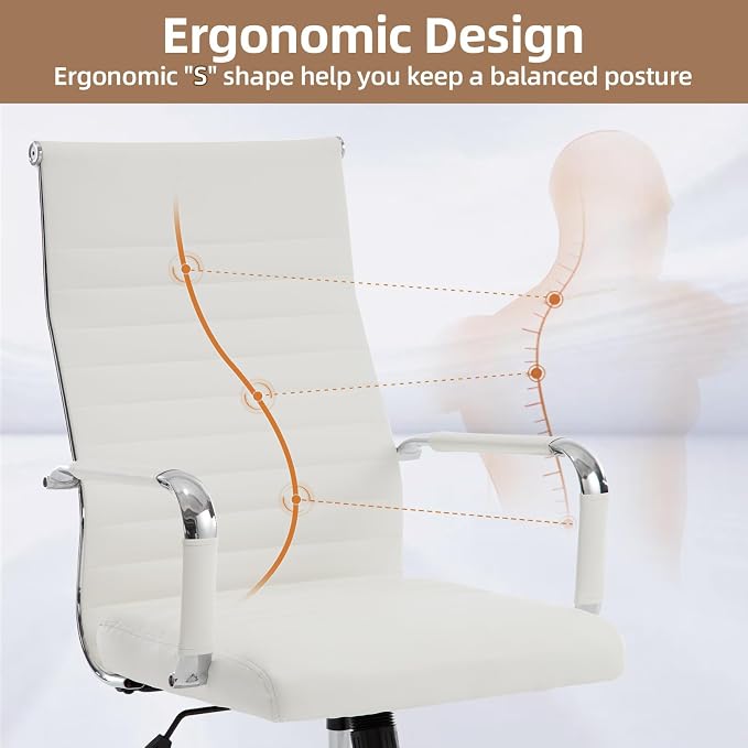 Office Chair, Ergonomic Executive Conference Room Chairs, Ribbed Leather Desk Chair with Lumbar Support, Adjustable Height Mid-Back Swivel Chair (Triple Bend Handrail Armrests, White)