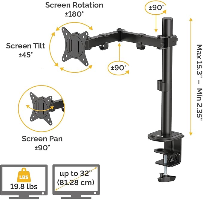 Fellowes Everyday Adjustable Single Monitor Arm – Supports Screens up to 32" Weighing 19.84 lbs, Tilt, Swivel, Rotate, VESA 75/100, Clamp or Grommet Mount, Cable Management