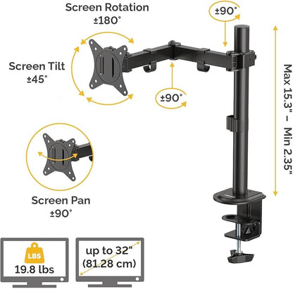 Fellowes Everyday Adjustable Single Monitor Arm – Supports Screens up to 32" Weighing 19.84 lbs, Tilt, Swivel, Rotate, VESA 75/100, Clamp or Grommet Mount, Cable Management