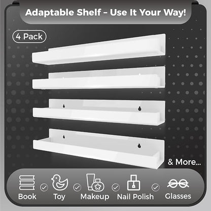 4 Pack 15 Inch Whtie Acrylic Shelves, Kids Floating Bookshelf for Kids Room, Modern Nail Polish Rack Sunglasses Essential Oil Picture Ledge Display Toy Storage Wall Shelf