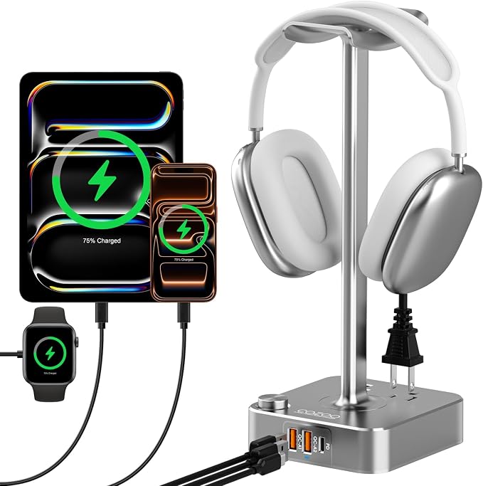 Headphone Stand with PD Fast Charger & QC3.0,Gaming Headset Holder with 3 USB Ports 2 AC Outlets for Desk,Cool Gamer Gifts for Men,Boyfriend,Teen Boys,Friends – Perfect Gaming Accessories & Room Setup