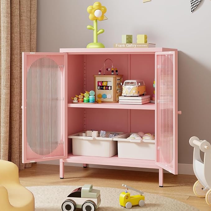 Small 2 Door Metal Storage Cabinet for Pantry,Office Room,Kitchen,Bathroom,Living Room, Hallway-Locker Cabinet with 1 Adjustable Shelf(Translucent Door, Pink)