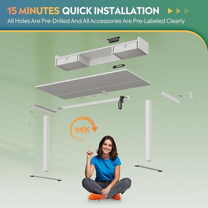 DEVAISE 55 Inch Electric Standing Desk with Shelf, Adjustable Computer Desk for Home Office, with LED Touchscreen, Headphone Hook, 3 Memory Preset, with One-Piece Desktop, White